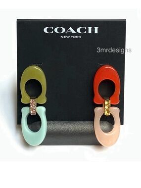 NWT COACH Signature C Logo 12-K Gold Plated Glass Crystals Resin Drop Earrings